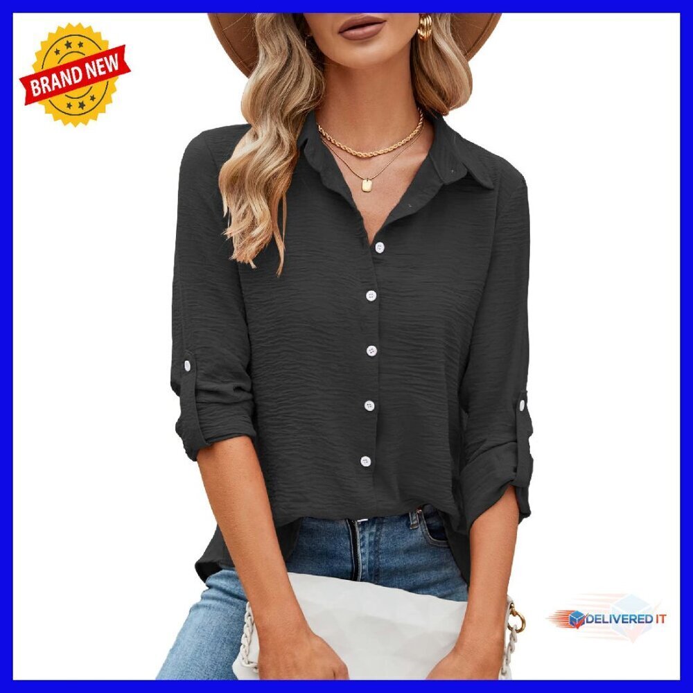 Rayon Button Down Blouse 3/4 Sleeve Business Casual Top